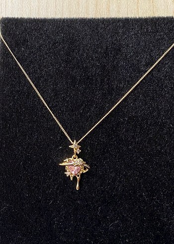 Çelik gezegen detaylı pembe kalp gold kolye - Görsel 3