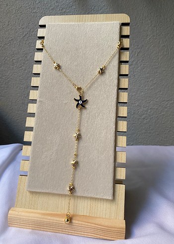 Çelik lacivert yıldız detaylı gold y kolye - Görsel 4