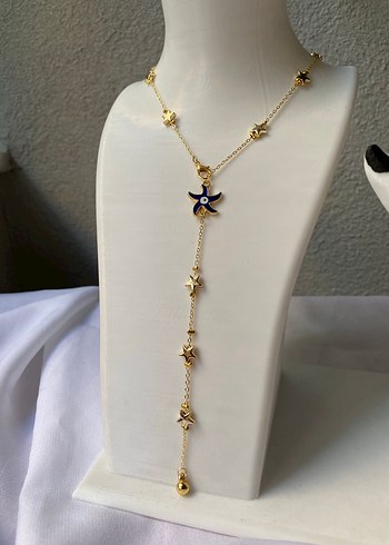 Çelik lacivert yıldız detaylı gold y kolye - Görsel 5