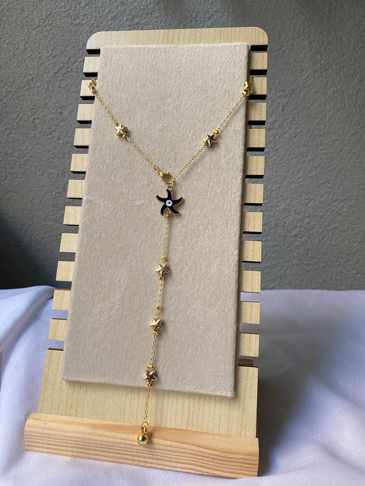 Çelik lacivert yıldız detaylı gold y kolye - Görsel 4