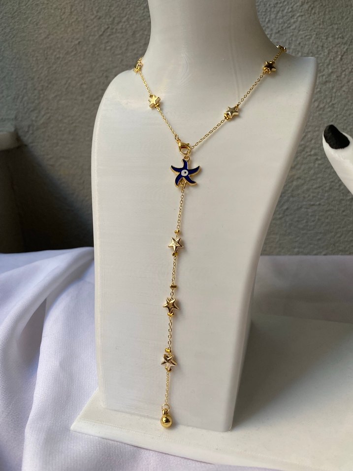 Çelik lacivert yıldız detaylı gold y kolye - Görsel 5