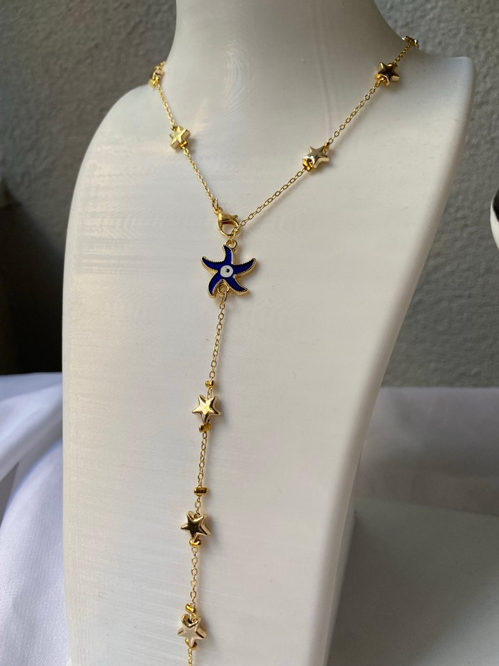 Çelik lacivert yıldız detaylı gold y kolye - Görsel 3