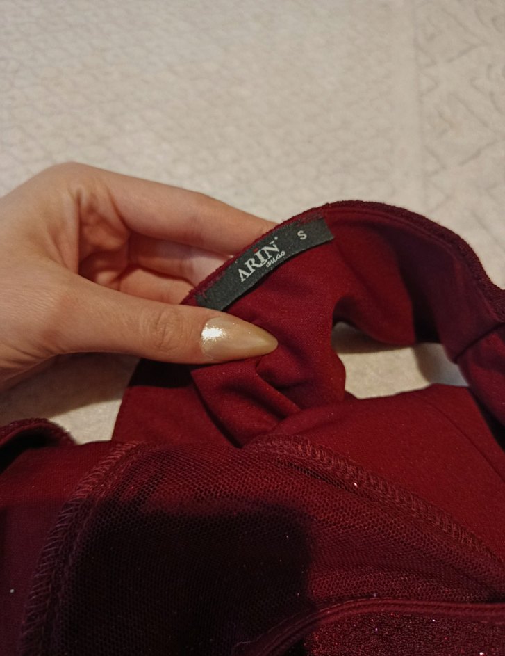 Bordo V Yakalı Uzun Abiye Elbise - Görsel 3