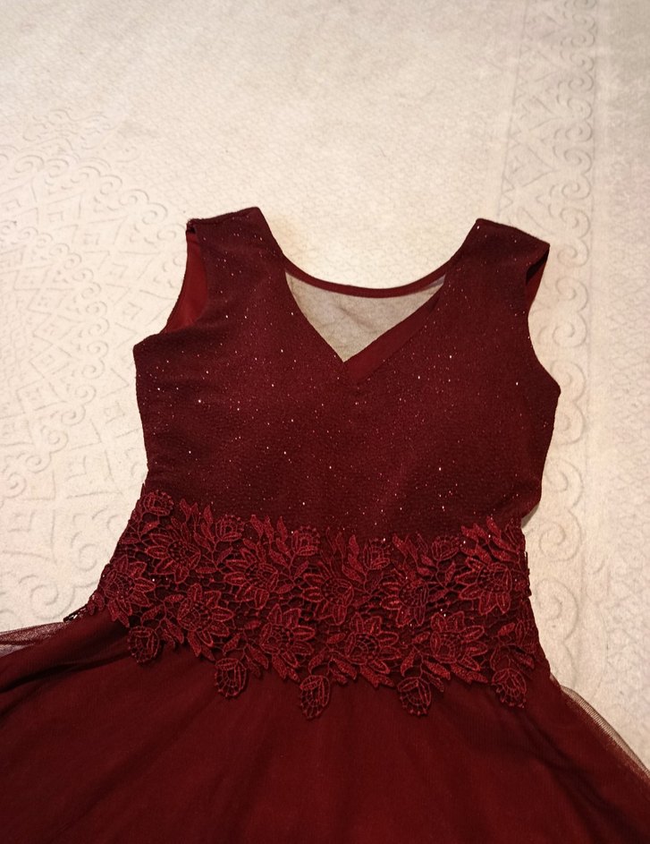 Bordo V Yakalı Uzun Abiye Elbise - Görsel 2