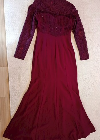 Mor Uzun Kollu Nakışlı Püsküllü Kadın Balık Model Abiye Elbise - Görsel 3