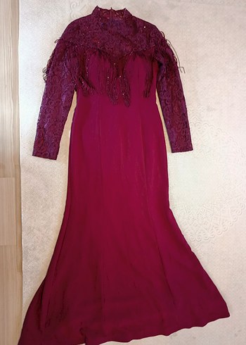 Mor Uzun Kollu Nakışlı Püsküllü Kadın Balık Model Abiye Elbise - Görsel 2