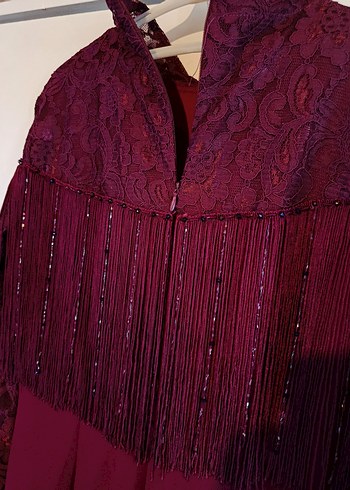 Mor Uzun Kollu Nakışlı Püsküllü Kadın Balık Model Abiye Elbise - Görsel 5