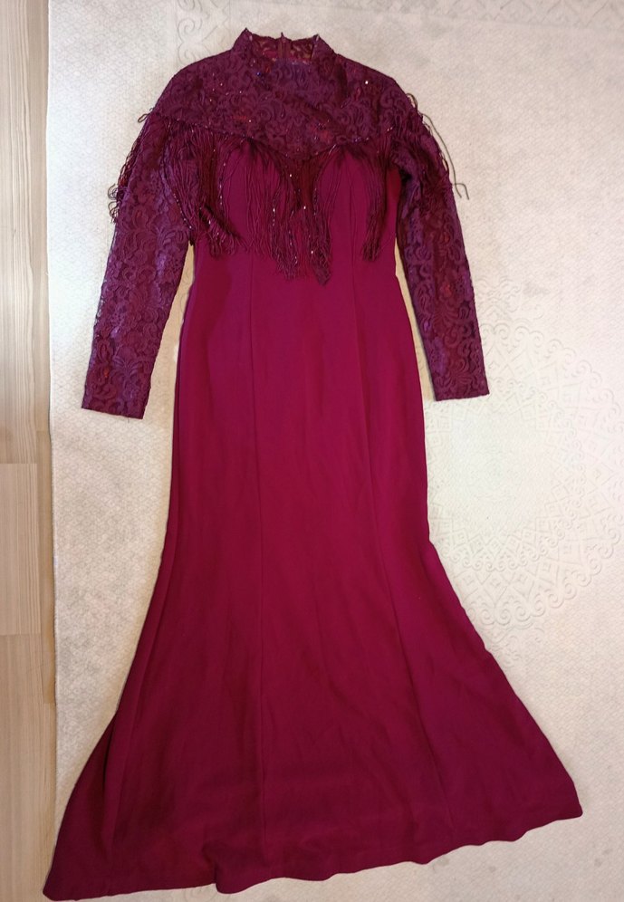 Mor Uzun Kollu Nakışlı Püsküllü Kadın Balık Model Abiye Elbise - Görsel 2