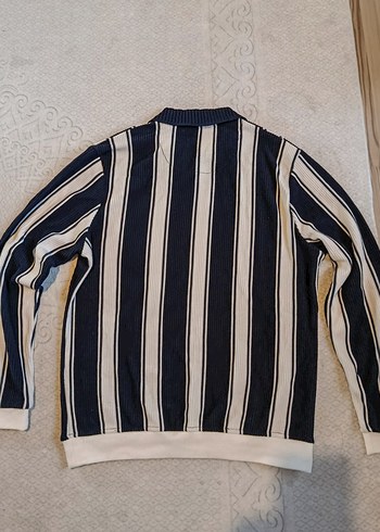 Düğmeli Beyaz Lacivert Çizgili Erkek Uzun Kollu Triko - Görsel 2