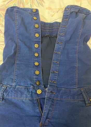 Düğmeli Straplez Mini Kot Tulum - Görsel 3