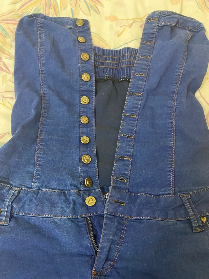 Düğmeli Straplez Mini Kot Tulum - Görsel 3