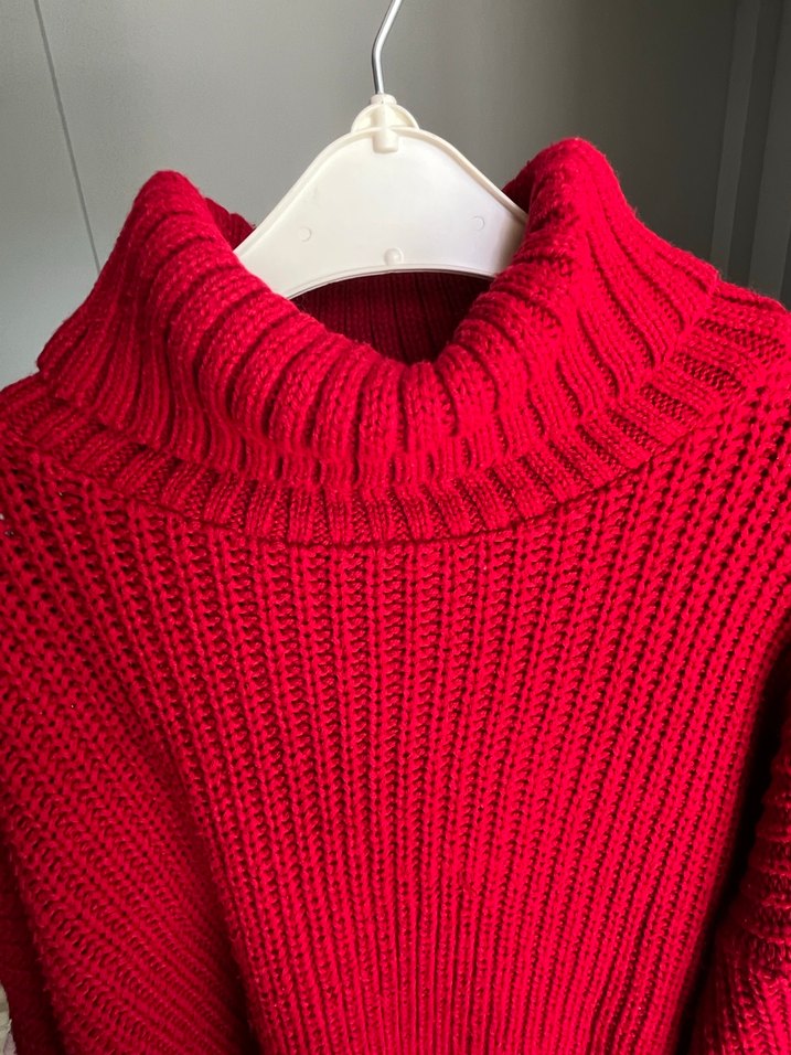 Kırmızı Boğazlı Örgü Kadın Kazak - Görsel 4