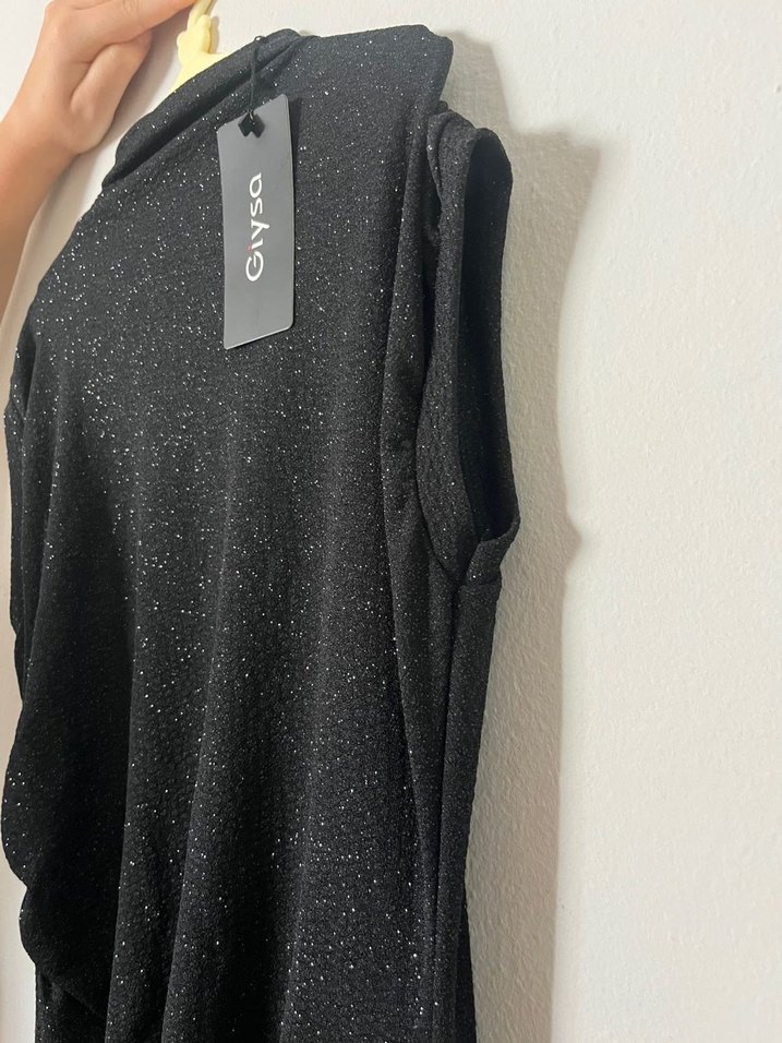 Siyah Drapeli Kolsuz Midi Elbise - Görsel 3