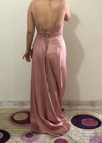 Abiye Pembe Saten Uzun İpli V Yaka Elbise