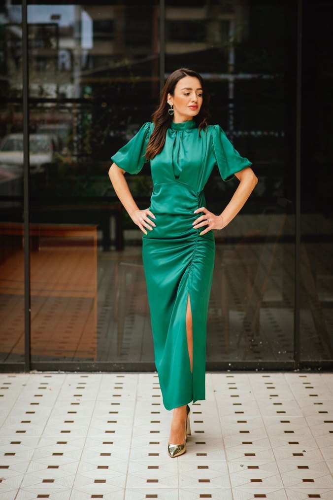 Parlak Yeşil Drapeli Uzun Kadın Elbise - Görsel 2