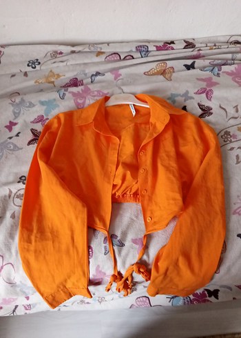 Turuncu Keten Düğmeli Uzun Kollu Gömlek - Görsel 3