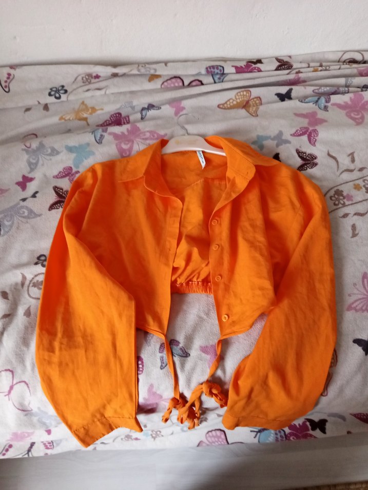 Turuncu Keten Düğmeli Uzun Kollu Gömlek - Görsel 3