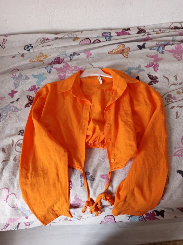 Turuncu Keten Düğmeli Uzun Kollu Gömlek - Görsel 4