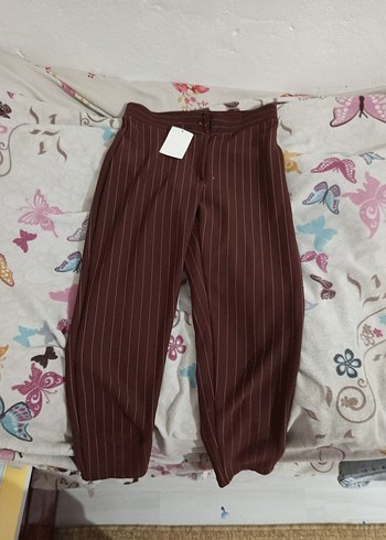 Kahverengi Çizgili Kadın Kumaş Pantolon - Görsel 4