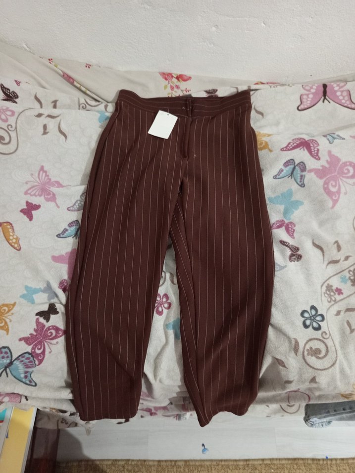 Kahverengi Çizgili Kadın Kumaş Pantolon - Görsel 4