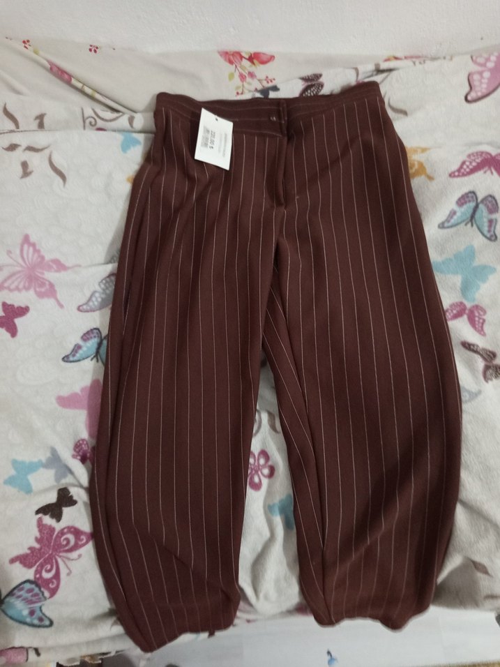 Kahverengi Çizgili Kadın Kumaş Pantolon - Görsel 2