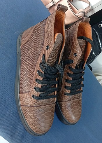 Kahverengi Deri Yılan Desenli Bağcıklı Erkek bot - Görsel 5