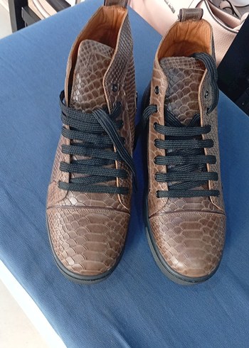 Kahverengi Deri Yılan Desenli Bağcıklı Erkek bot - Görsel 4