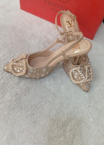 Bej Süet Taşlı Kadın Dolgu Topuk Abiye Ayakkabı - Görsel 2