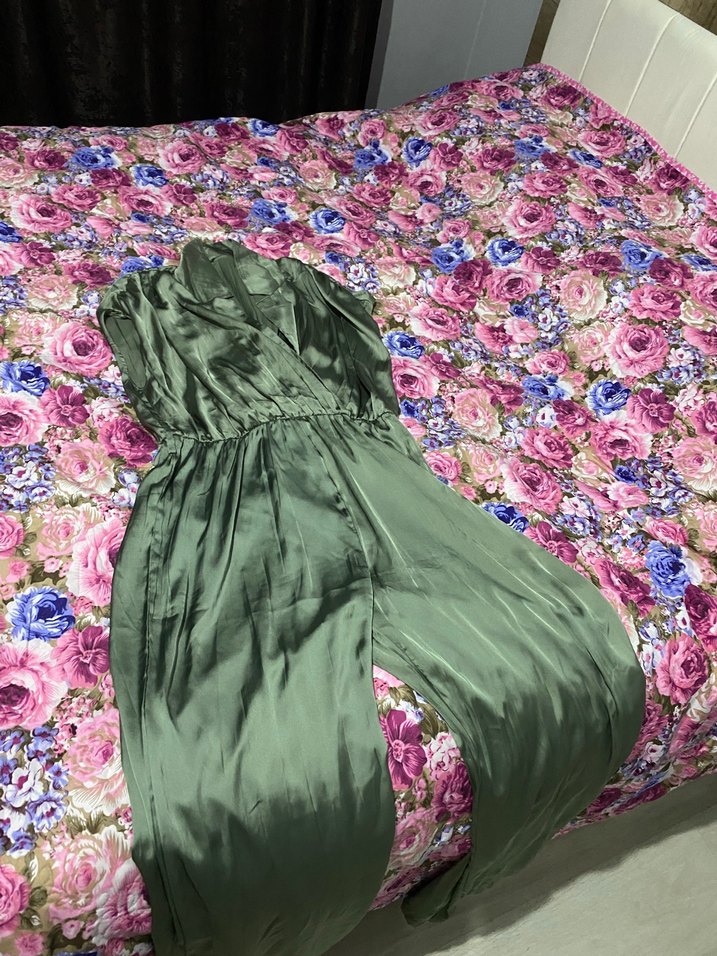 Drapeli Yeşil Straplez Uzun Bohem Elbise - Görsel 2