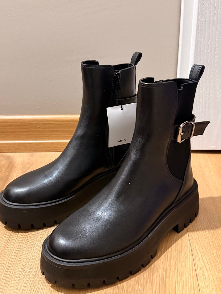 Siyah Deri Platform Topuklu Kadın Bot - Görsel 2