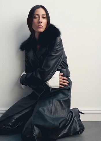 Kemerli Siyah Deri Kadın Trençkot - Görsel 9