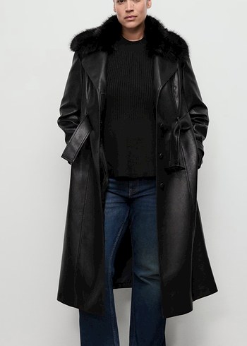 Kemerli Siyah Deri Kadın Trençkot - Görsel 8