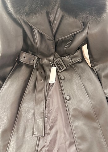 Kemerli Siyah Deri Kadın Trençkot - Görsel 6