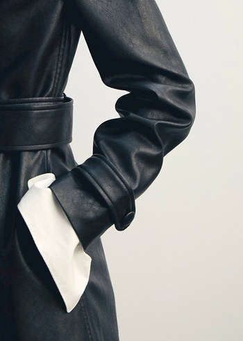 Kemerli Siyah Deri Kadın Trençkot - Görsel 2