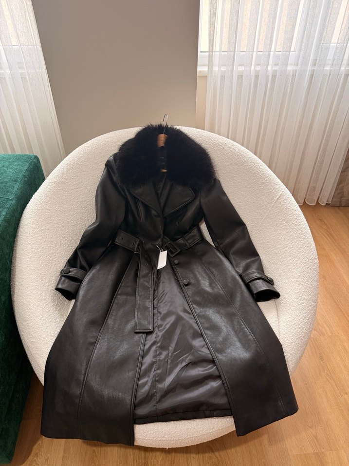 Kemerli Siyah Deri Kadın Trençkot - Görsel 3