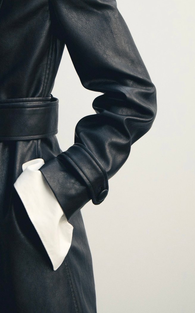 Kemerli Siyah Deri Kadın Trençkot - Görsel 2