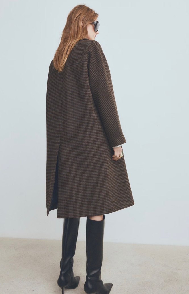 Kahverengi Kazayağı Desenli Çift Düğmeli Kaban - Görsel 4