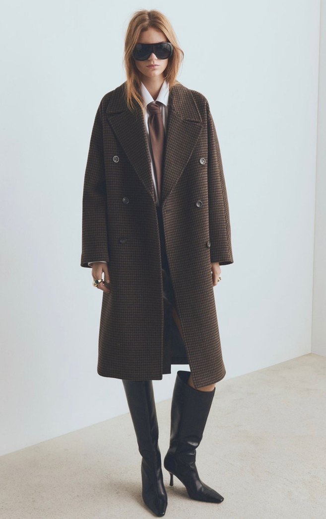 Kahverengi Kazayağı Desenli Çift Düğmeli Kaban - Görsel 3