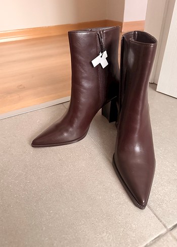 Kahverengi Deri Stiletto Topuklu Kadın Bot - Görsel 3