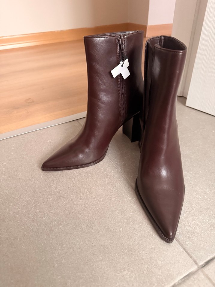 Kahverengi Deri Stiletto Topuklu Kadın Bot - Görsel 3