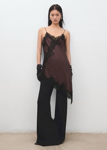 Dantel Detaylı Kahverengi Straplez Midi Elbise - Görsel 5