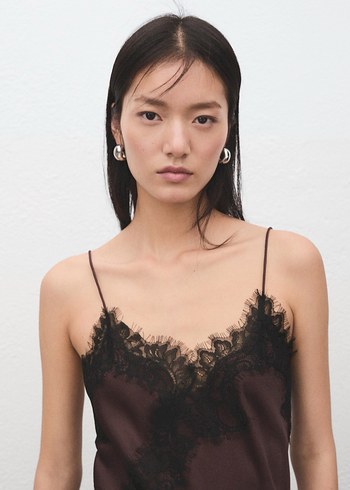 Dantel Detaylı Kahverengi Straplez Midi Elbise - Görsel 2