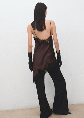 Dantel Detaylı Kahverengi Straplez Midi Elbise - Görsel 6