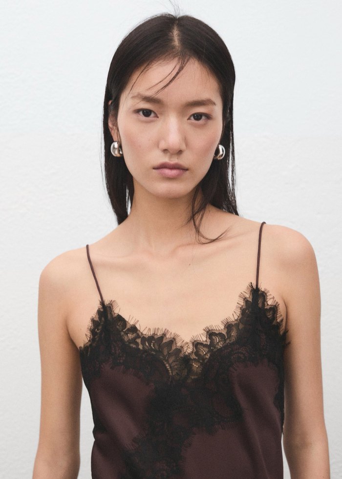 Dantel Detaylı Kahverengi Straplez Midi Elbise - Görsel 2