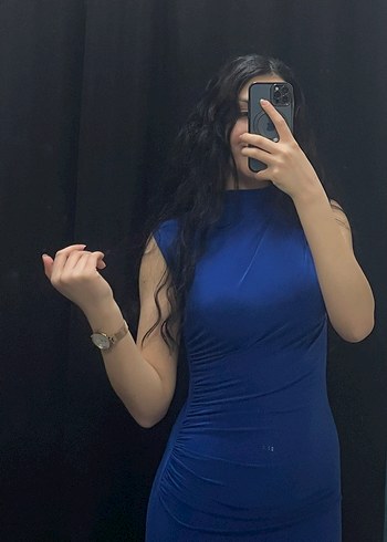 Drapeli Lacivert Yüksek Yakalı Mini Elbise - Görsel 2