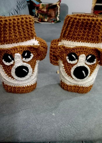 Kahverengi Örgü Köpek figürlü parmaksız eldiven - Görsel 3