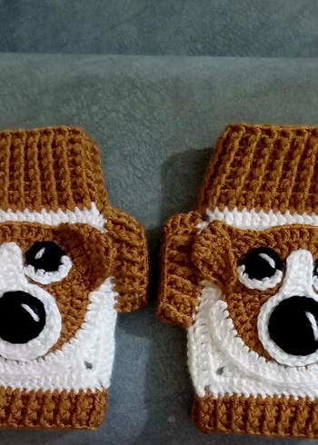 Kahverengi Örgü Köpek figürlü parmaksız eldiven - Görsel 2