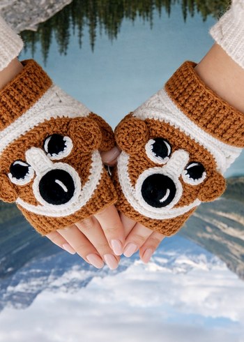Kahverengi Örgü Köpek figürlü parmaksız eldiven - Görsel 4