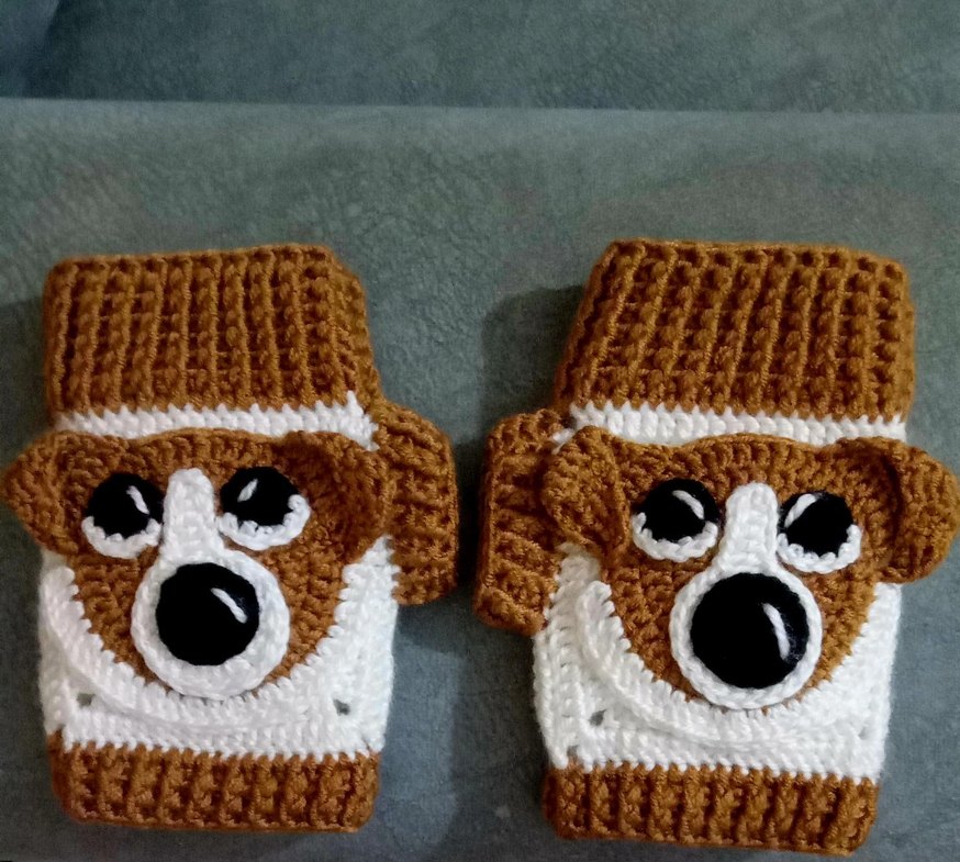 Kahverengi Örgü Köpek figürlü parmaksız eldiven - Görsel 2