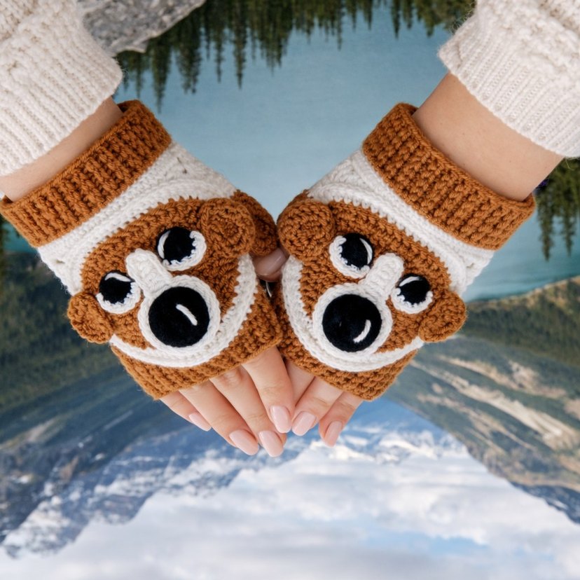 Kahverengi Örgü Köpek figürlü parmaksız eldiven - Görsel 4